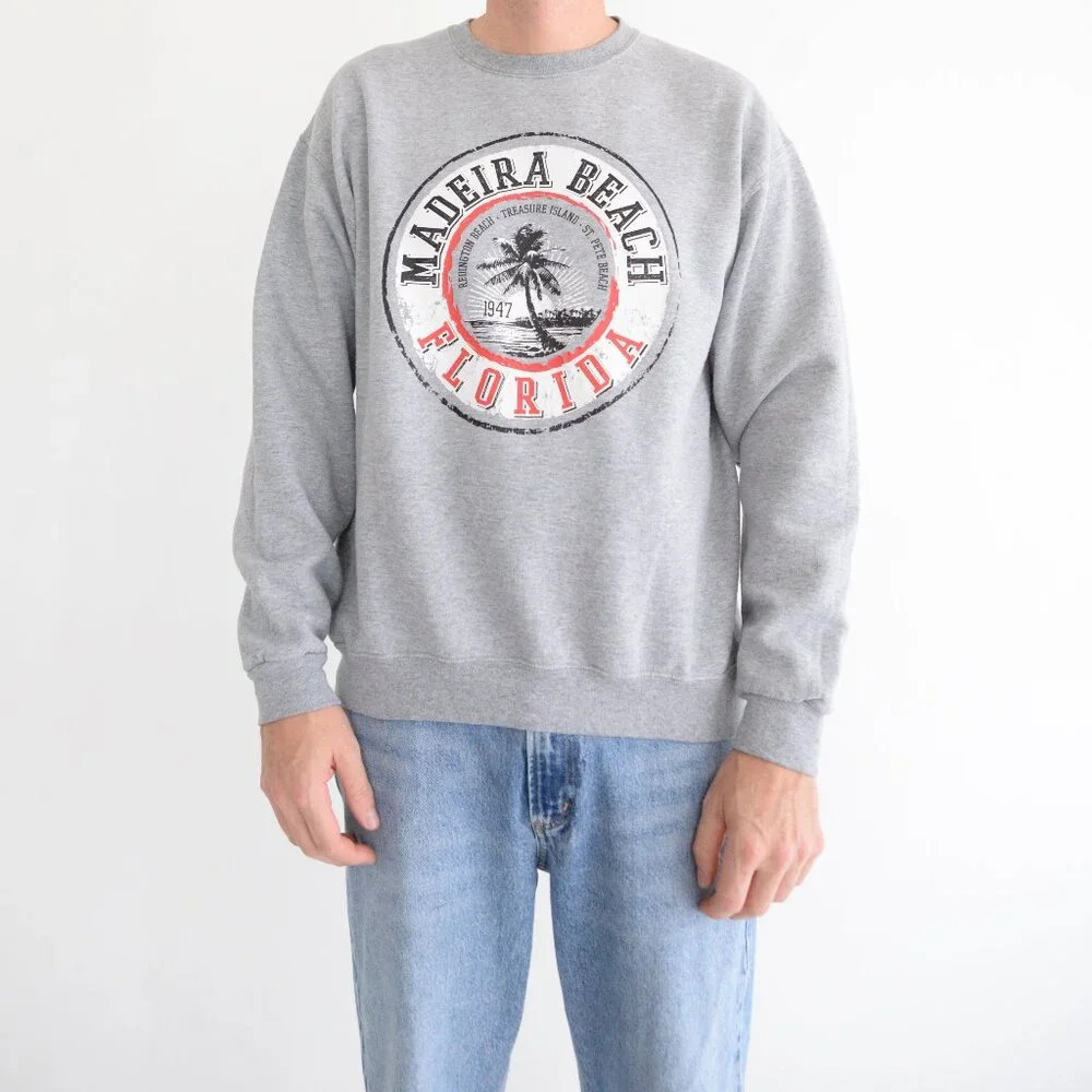 Vintage 90s Jerzees Gray Madeira  Beach Florida Crew Neck Sweater Large